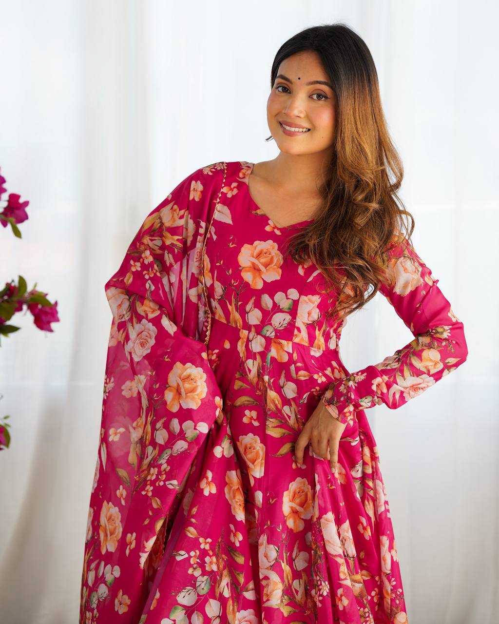 Pink Vibrant Pure Organza Silk Anarkali Set with Dupatta & Pant ClothsVilla