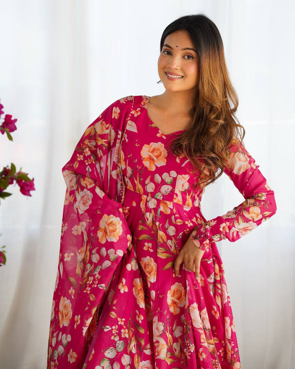 Pink Vibrant Pure Organza Silk Anarkali Set with Dupatta & Pant ClothsVilla