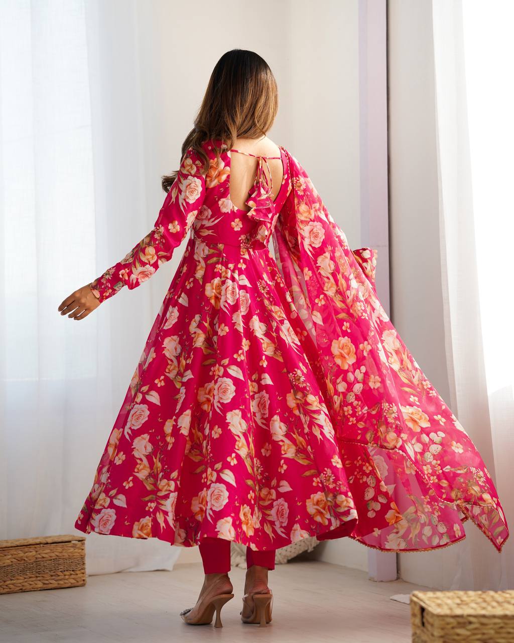 Pink Vibrant Pure Organza Silk Anarkali Set with Dupatta & Pant ClothsVilla