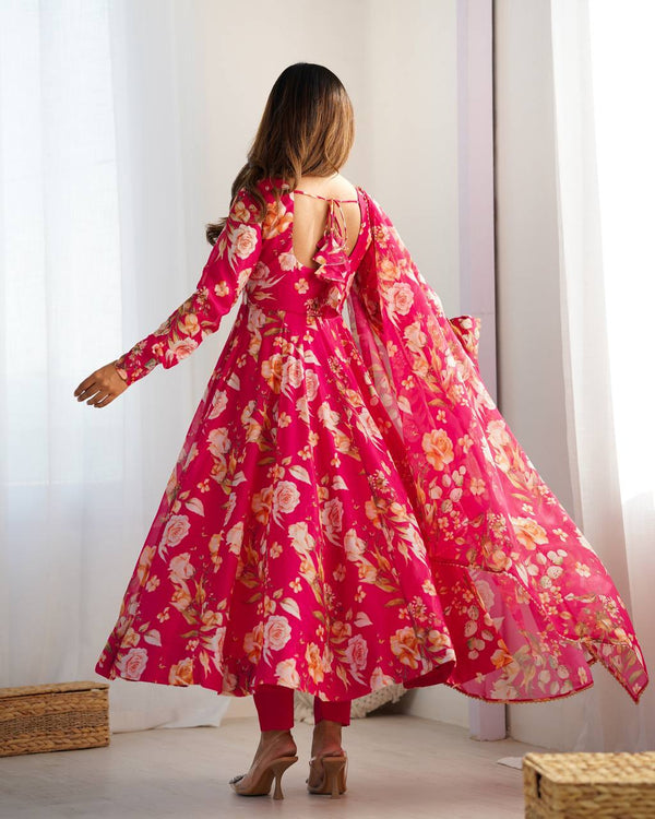 Pink Vibrant Pure Organza Silk Anarkali Set with Dupatta & Pant ClothsVilla