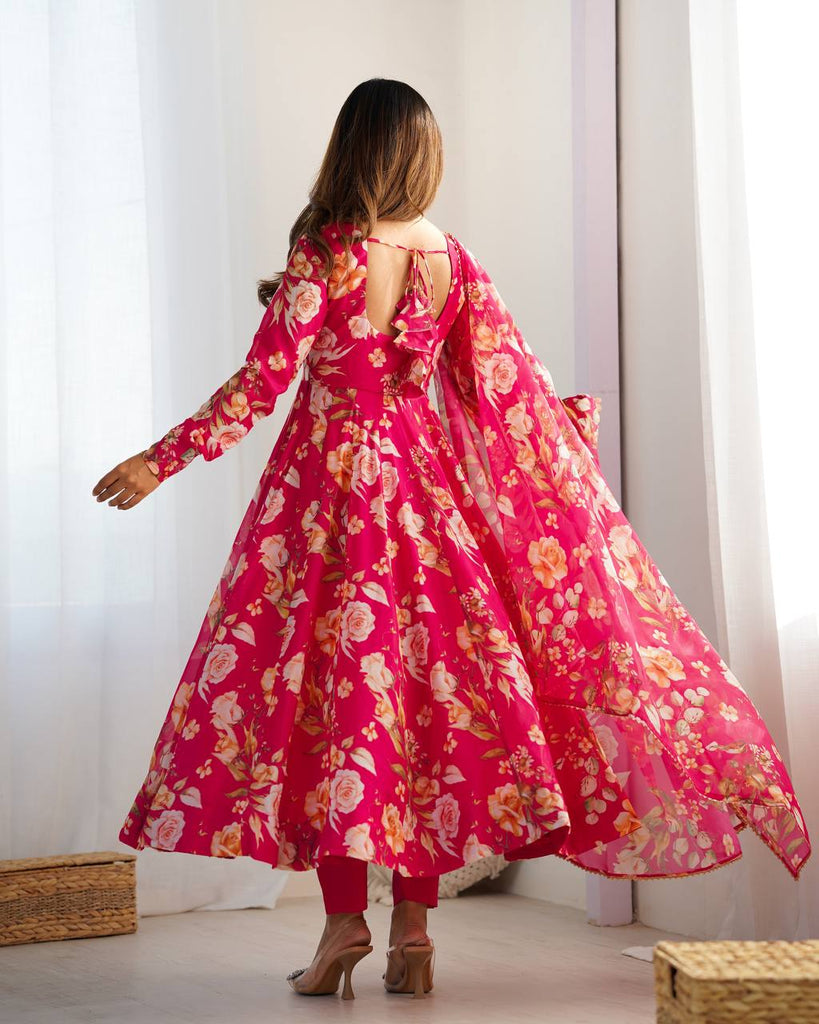 Pink Vibrant Pure Organza Silk Anarkali Set with Dupatta & Pant ClothsVilla