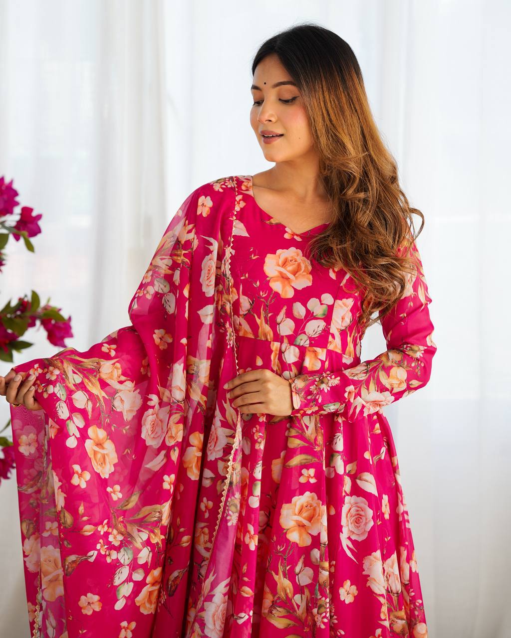 Pink Vibrant Pure Organza Silk Anarkali Set with Dupatta & Pant ClothsVilla