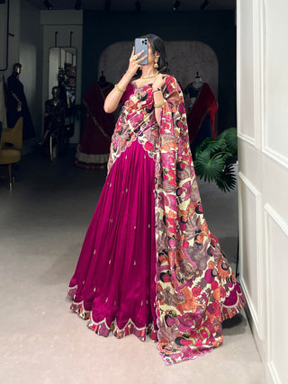 Pink Vichitra Silk Embroidered Lehenga Set with Kalamkari Print Dupatta ClothsVilla