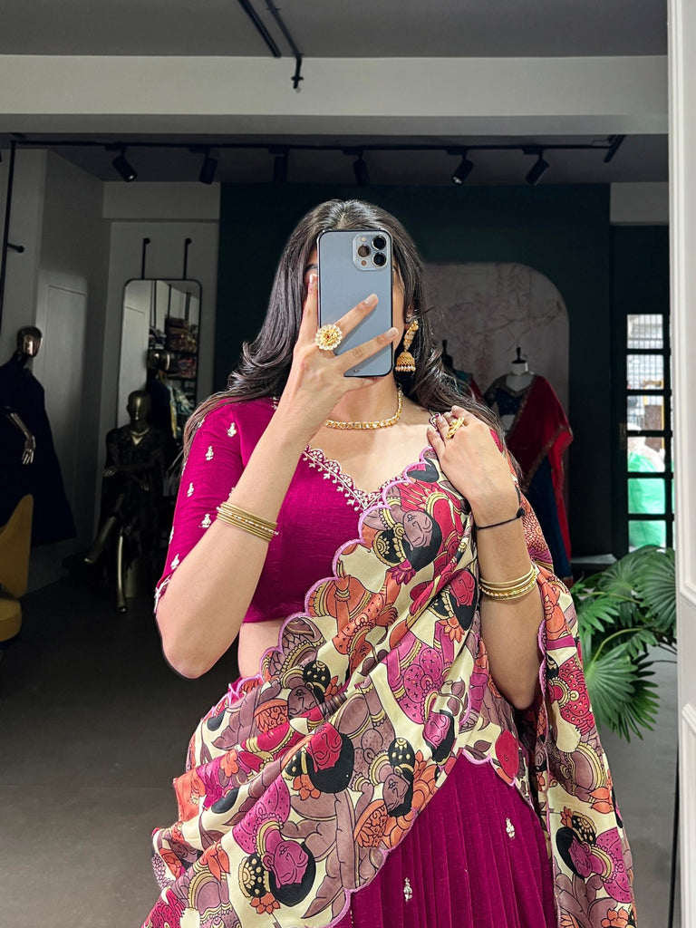 Pink Vichitra Silk Embroidered Lehenga Set with Kalamkari Print Dupatta ClothsVilla