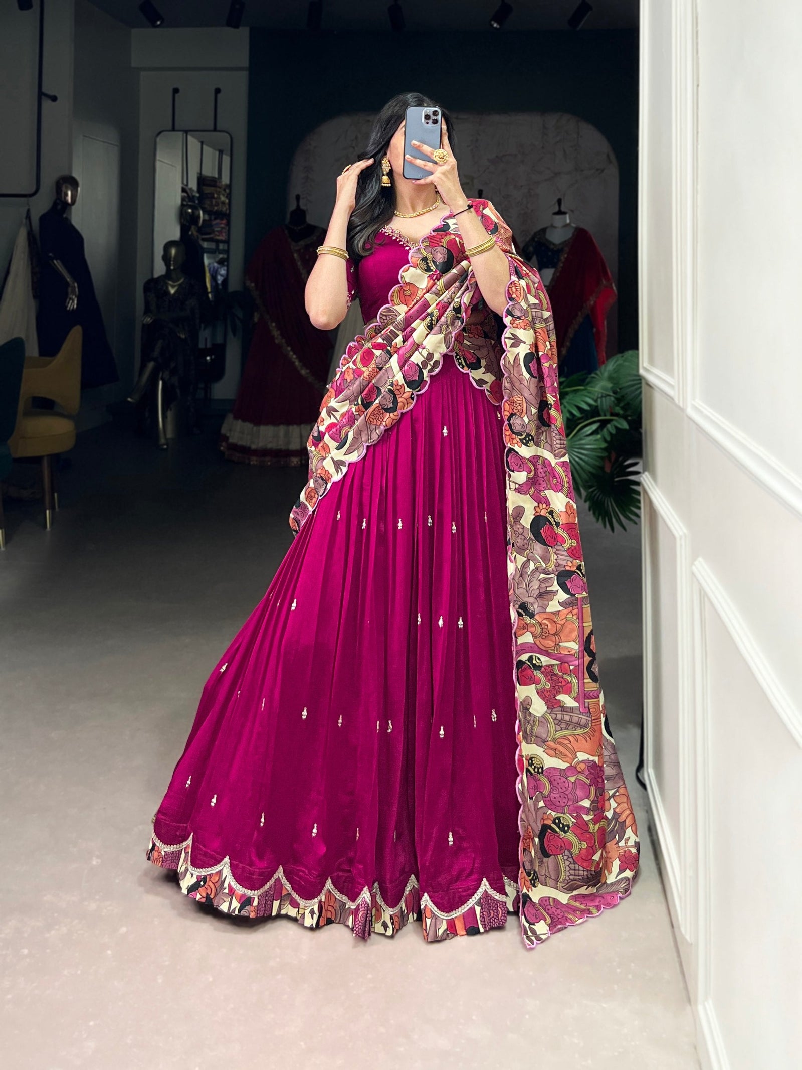 Pink Vichitra Silk Embroidered Lehenga Set with Kalamkari Print Dupatta ClothsVilla