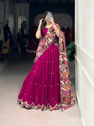 Pink Vichitra Silk Embroidered Lehenga Set with Kalamkari Print Dupatta ClothsVilla