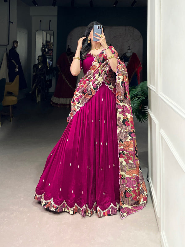 Pink Vichitra Silk Embroidered Lehenga Set with Kalamkari Print Dupatta ClothsVilla