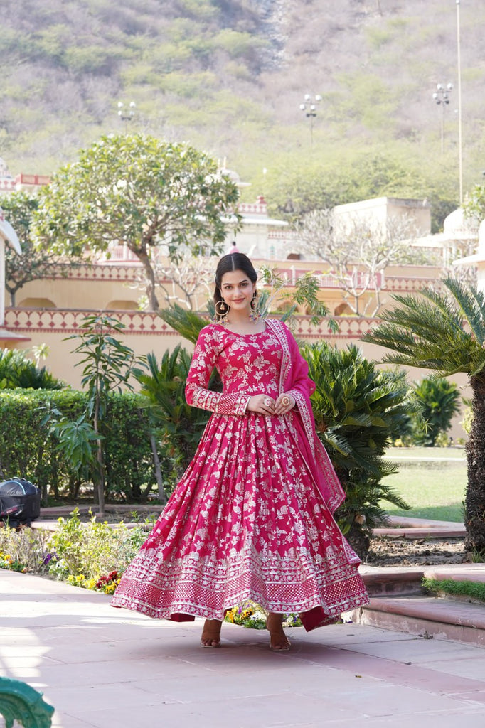 Luxe Pink Viscose Jacquard Gown with Sequin Embroidery & Russian Silk Dupatta ClothsVilla