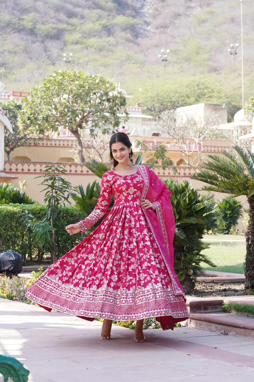 Luxe Pink Viscose Jacquard Gown with Sequin Embroidery & Russian Silk Dupatta ClothsVilla