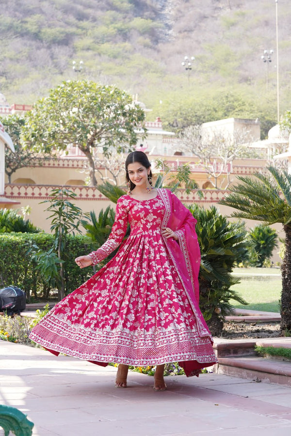 Luxe Pink Viscose Jacquard Gown with Sequin Embroidery & Russian Silk Dupatta ClothsVilla