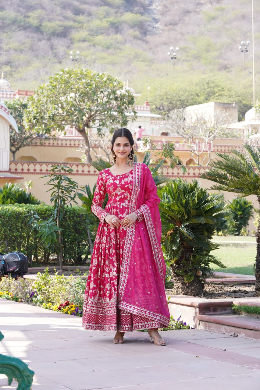 Luxe Pink Viscose Jacquard Gown with Sequin Embroidery & Russian Silk Dupatta ClothsVilla