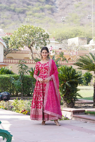 Luxe Pink Viscose Jacquard Gown with Sequin Embroidery & Russian Silk Dupatta ClothsVilla