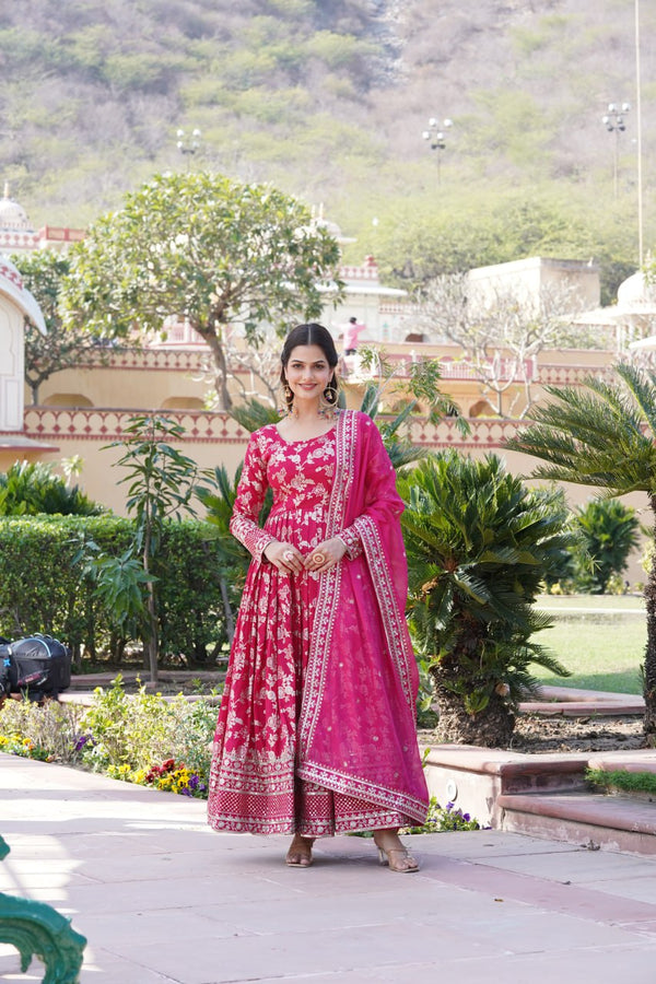 Luxe Pink Viscose Jacquard Gown with Sequin Embroidery & Russian Silk Dupatta ClothsVilla