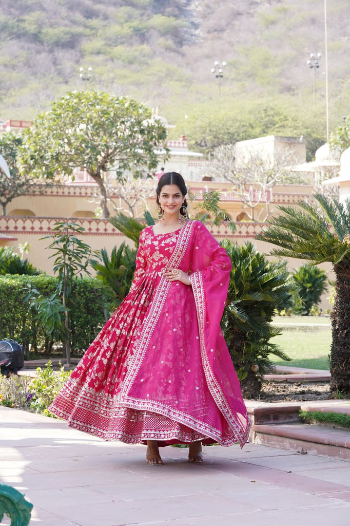Luxe Pink Viscose Jacquard Gown with Sequin Embroidery & Russian Silk Dupatta ClothsVilla