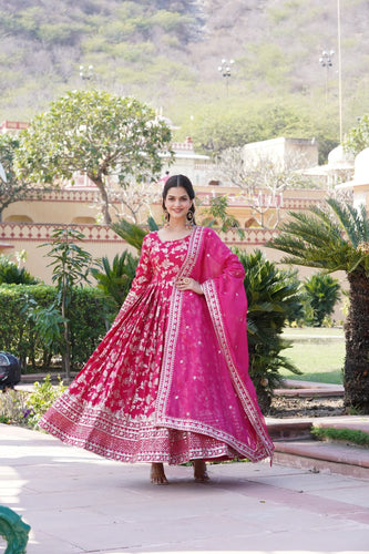 Luxe Pink Viscose Jacquard Gown with Sequin Embroidery & Russian Silk Dupatta ClothsVilla