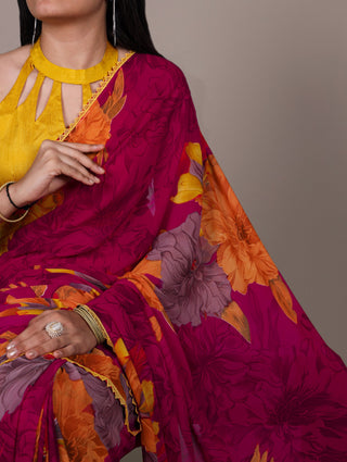 Pink Weightless Marbal Floral Printed Saree with Lace Border & Unstitched Banglory Plain Blouse ClothsVilla