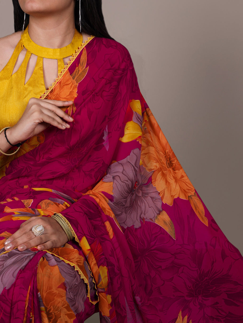 Pink Weightless Marbal Floral Printed Saree with Lace Border & Unstitched Banglory Plain Blouse ClothsVilla