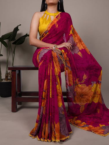 Pink Weightless Marbal Floral Printed Saree with Lace Border & Unstitched Banglory Plain Blouse ClothsVilla