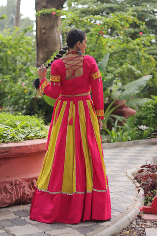 Pink & Yellow Roman Fabric Lehenga Choli with Mirror Lace & Gamthi Thread Work ClothsVilla