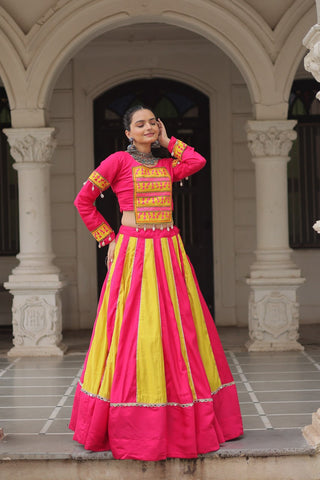 Pink & Yellow Roman Fabric Lehenga Choli with Mirror Lace & Gamthi Thread Work ClothsVilla