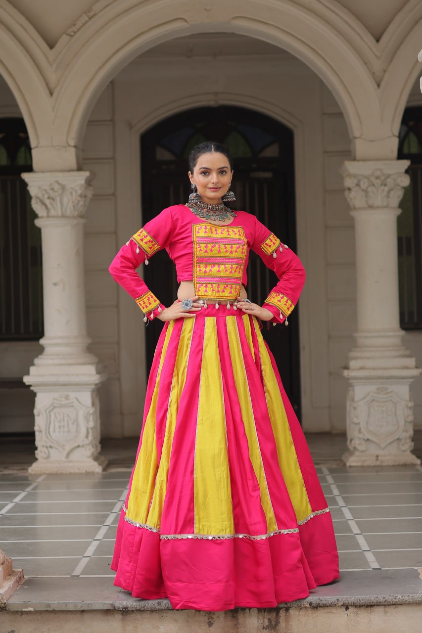 Pink & Yellow Roman Fabric Lehenga Choli with Mirror Lace & Gamthi Thread Work ClothsVilla