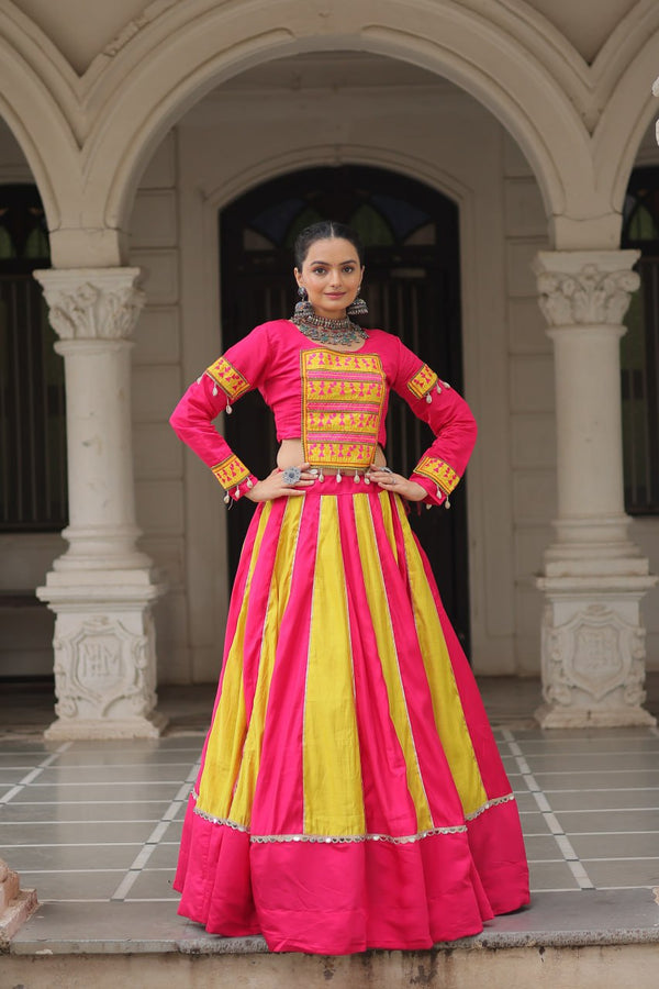 Pink & Yellow Roman Fabric Lehenga Choli with Mirror Lace & Gamthi Thread Work ClothsVilla
