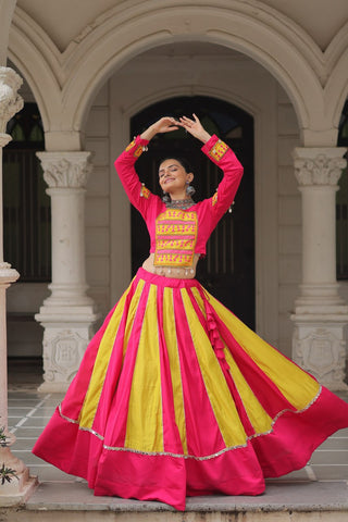 Pink & Yellow Roman Fabric Lehenga Choli with Mirror Lace & Gamthi Thread Work ClothsVilla