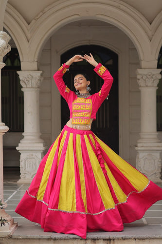 Pink & Yellow Roman Fabric Lehenga Choli with Mirror Lace & Gamthi Thread Work ClothsVilla