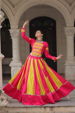 Pink & Yellow Roman Fabric Lehenga Choli with Mirror Lace & Gamthi Thread Work ClothsVilla