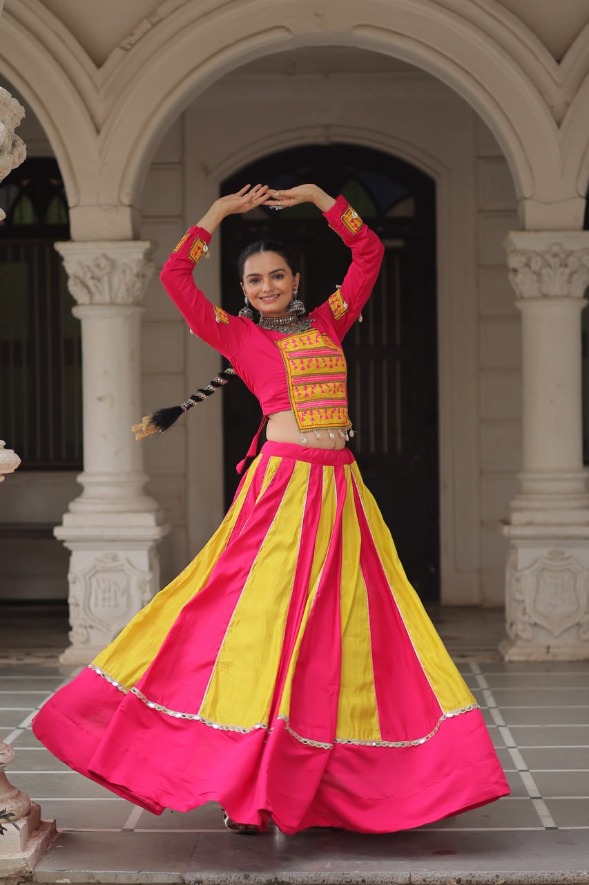 Pink & Yellow Roman Fabric Lehenga Choli with Mirror Lace & Gamthi Thread Work ClothsVilla
