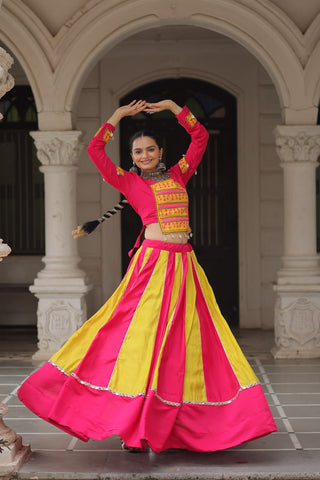 Pink & Yellow Roman Fabric Lehenga Choli with Mirror Lace & Gamthi Thread Work ClothsVilla