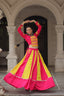 Pink & Yellow Roman Fabric Lehenga Choli with Mirror Lace & Gamthi Thread Work ClothsVilla
