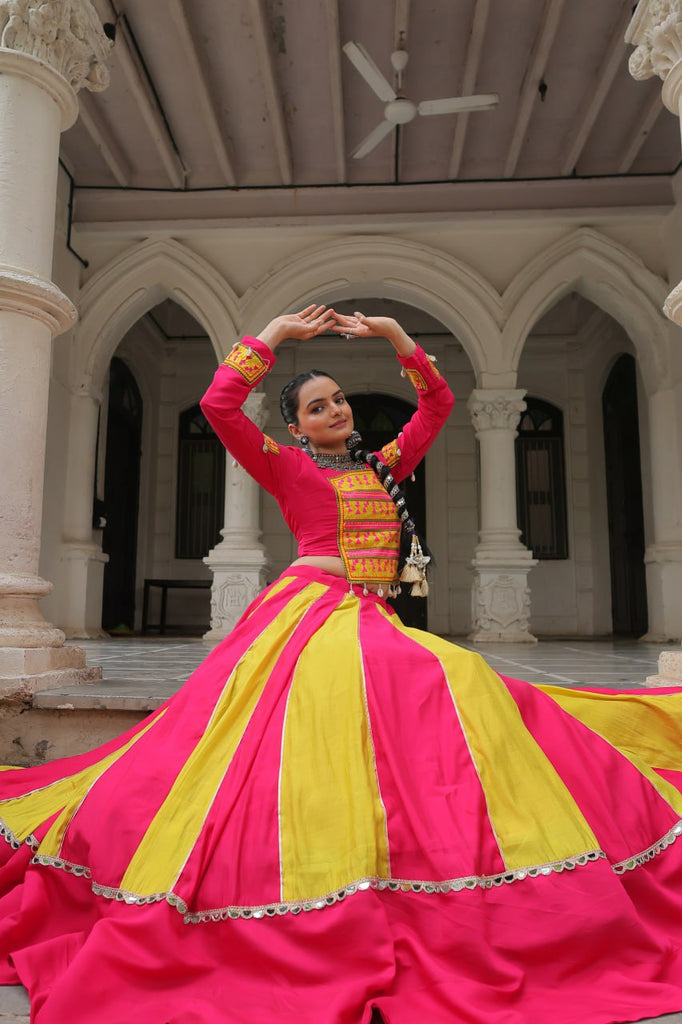 Pink & Yellow Roman Fabric Lehenga Choli with Mirror Lace & Gamthi Thread Work ClothsVilla