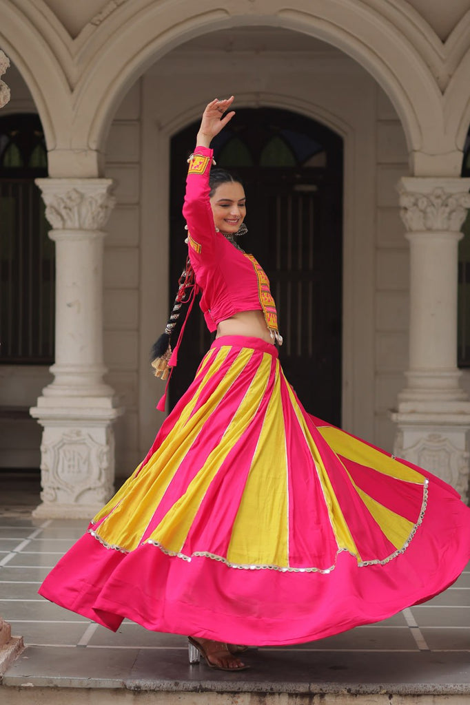 Pink & Yellow Roman Fabric Lehenga Choli with Mirror Lace & Gamthi Thread Work ClothsVilla