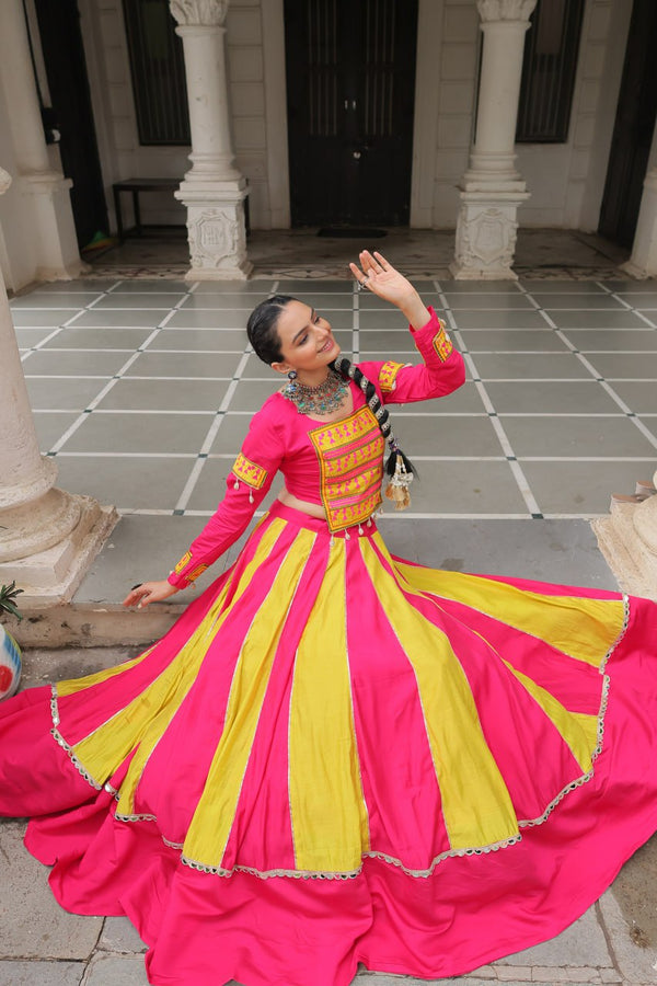 Pink & Yellow Roman Fabric Lehenga Choli with Mirror Lace & Gamthi Thread Work ClothsVilla