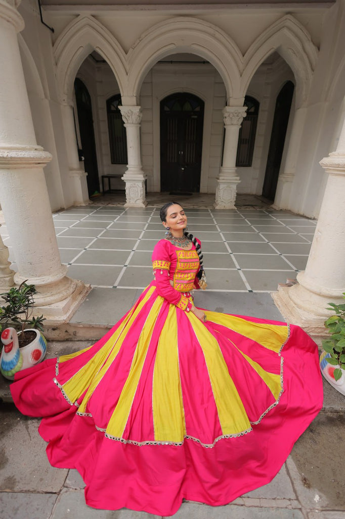Pink & Yellow Roman Fabric Lehenga Choli with Mirror Lace & Gamthi Thread Work ClothsVilla