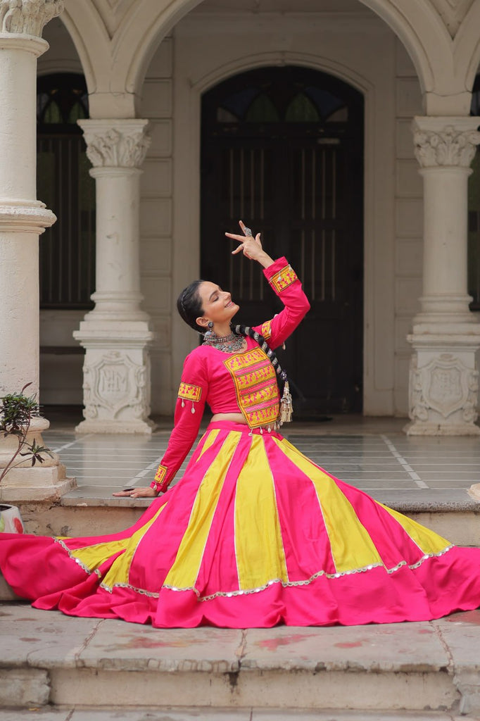 Pink & Yellow Roman Fabric Lehenga Choli with Mirror Lace & Gamthi Thread Work ClothsVilla