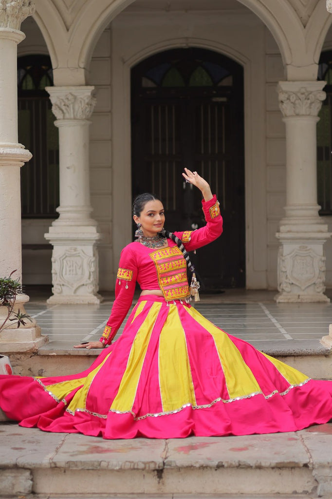 Pink & Yellow Roman Fabric Lehenga Choli with Mirror Lace & Gamthi Thread Work ClothsVilla