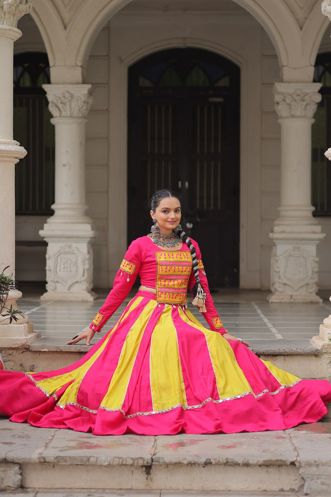 Pink & Yellow Roman Fabric Lehenga Choli with Mirror Lace & Gamthi Thread Work ClothsVilla