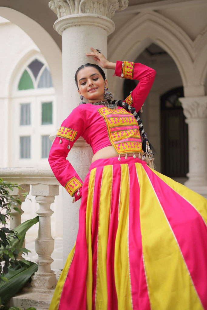 Pink & Yellow Roman Fabric Lehenga Choli with Mirror Lace & Gamthi Thread Work ClothsVilla