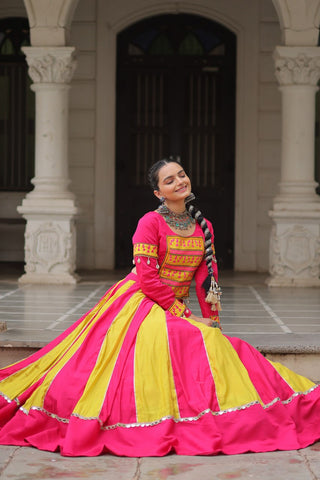 Pink & Yellow Roman Fabric Lehenga Choli with Mirror Lace & Gamthi Thread Work ClothsVilla
