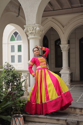 Pink & Yellow Roman Fabric Lehenga Choli with Mirror Lace & Gamthi Thread Work ClothsVilla