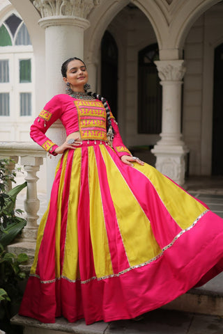 Pink & Yellow Roman Fabric Lehenga Choli with Mirror Lace & Gamthi Thread Work ClothsVilla
