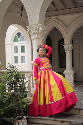 Pink & Yellow Roman Fabric Lehenga Choli with Mirror Lace & Gamthi Thread Work ClothsVilla