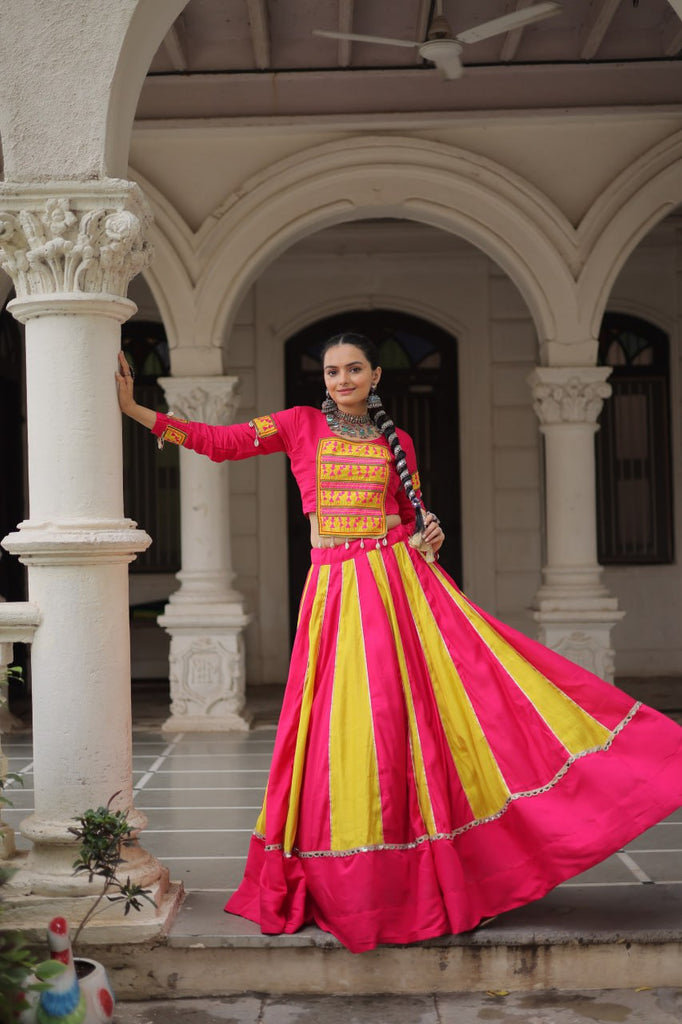 Pink & Yellow Roman Fabric Lehenga Choli with Mirror Lace & Gamthi Thread Work ClothsVilla