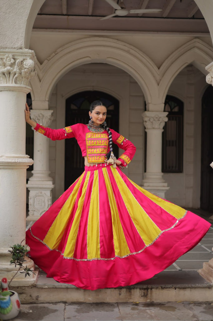 Pink & Yellow Roman Fabric Lehenga Choli with Mirror Lace & Gamthi Thread Work ClothsVilla