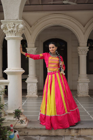 Pink & Yellow Roman Fabric Lehenga Choli with Mirror Lace & Gamthi Thread Work ClothsVilla