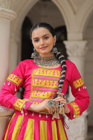 Pink & Yellow Roman Fabric Lehenga Choli with Mirror Lace & Gamthi Thread Work ClothsVilla