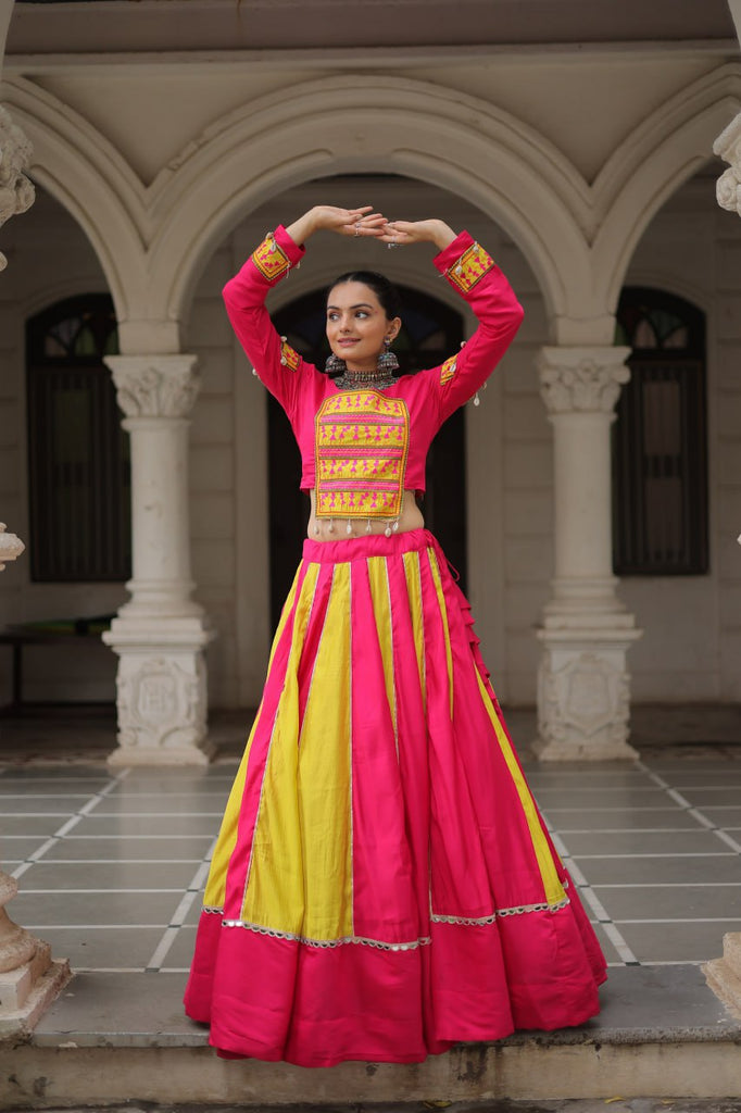 Pink & Yellow Roman Fabric Lehenga Choli with Mirror Lace & Gamthi Thread Work ClothsVilla