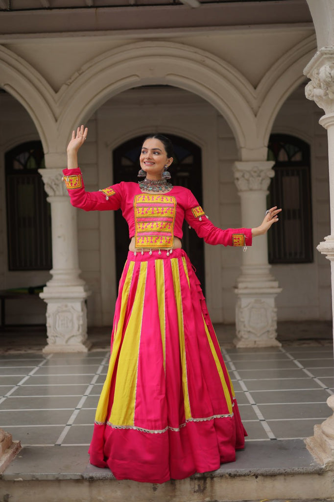 Pink & Yellow Roman Fabric Lehenga Choli with Mirror Lace & Gamthi Thread Work ClothsVilla